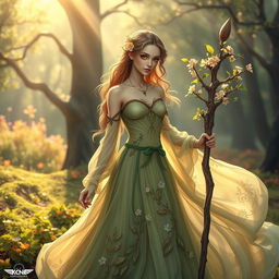 A female earth genasi exuding an aura of tranquility, adorned in a nature-inspired elegant dress that flows gracefully around her