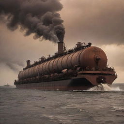 A massive factorypunk tanker, laden with bulky machinery, incessant conveyor belts, and spewing smoke stacks, cruising through a darkened sea under a rust-tinted, smoke-filled sky.