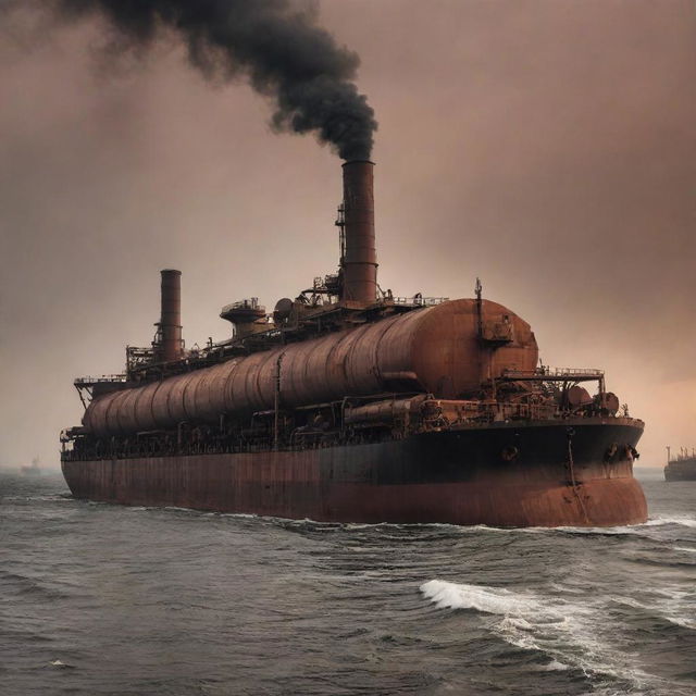 A massive factorypunk tanker, laden with bulky machinery, incessant conveyor belts, and spewing smoke stacks, cruising through a darkened sea under a rust-tinted, smoke-filled sky.