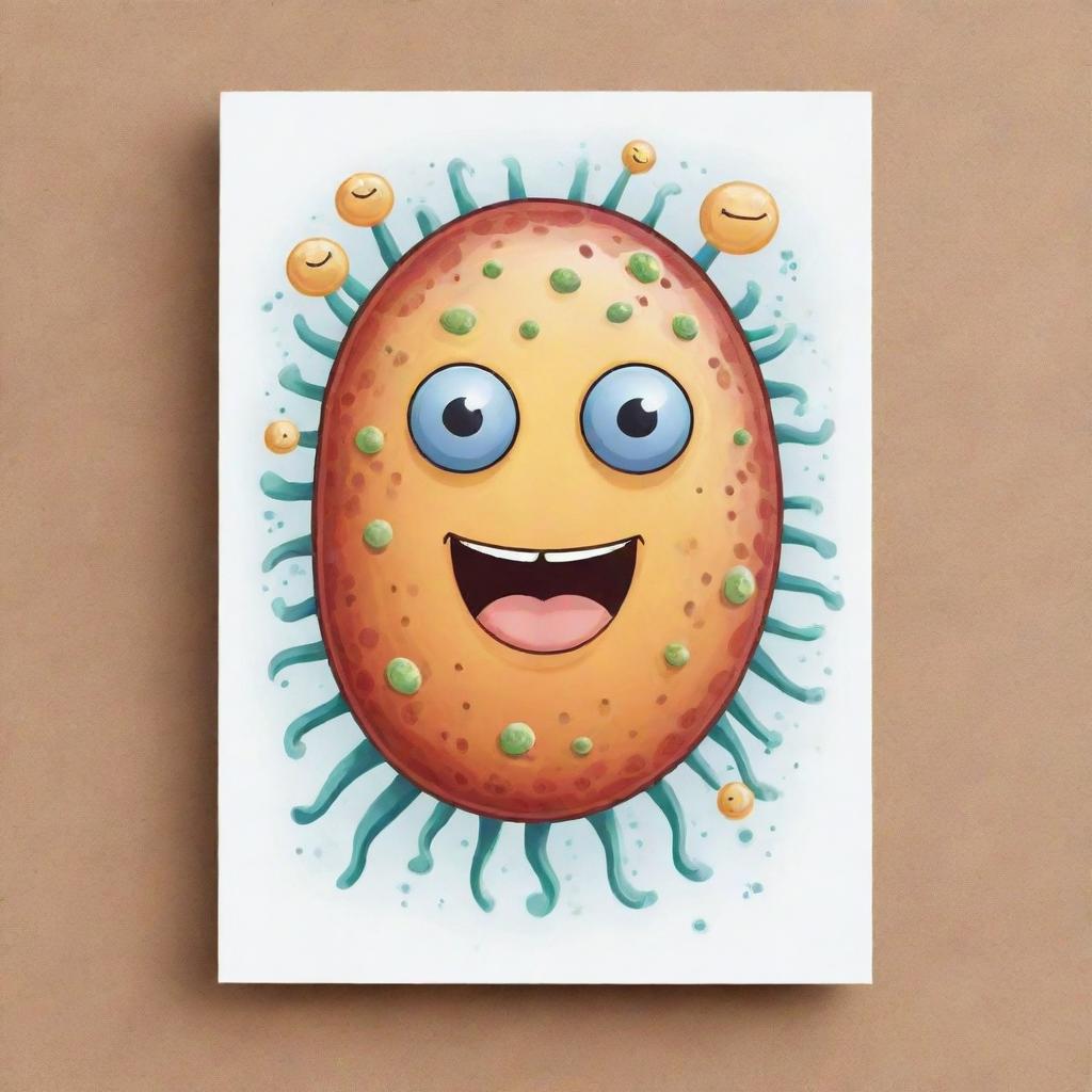 Design an endearing 'Prokaryotic Mimicry' card, an 'upcell' type. Illustrate a cute cell with a face embodying features of unicellular organisms. The cell should appear adaptable and resilient, visualizing immunity to one destruction effect per turn.