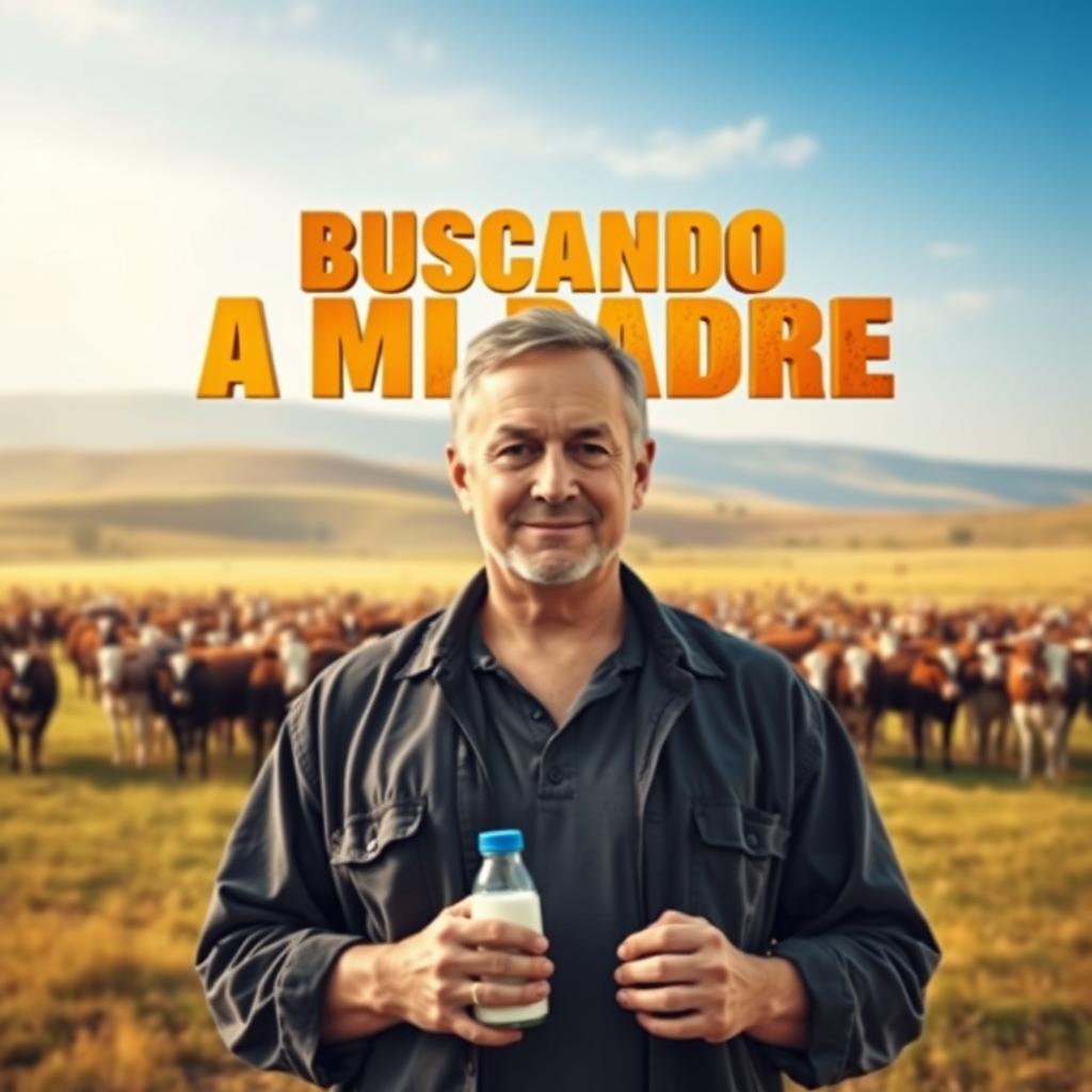 A movie poster featuring a father holding a bottle of milk in one hand, standing confidently in the foreground