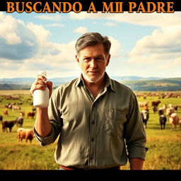 A movie poster featuring a father holding a bottle of milk in one hand, standing confidently in the foreground