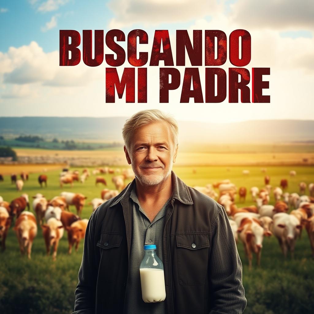 A movie poster featuring a father holding a bottle of milk in one hand, standing confidently in the foreground