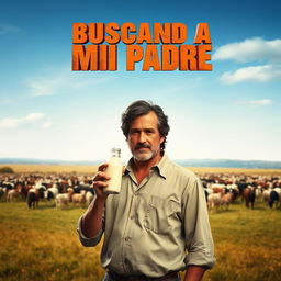 A movie poster featuring a father holding a bottle of milk in one hand, standing confidently in the foreground