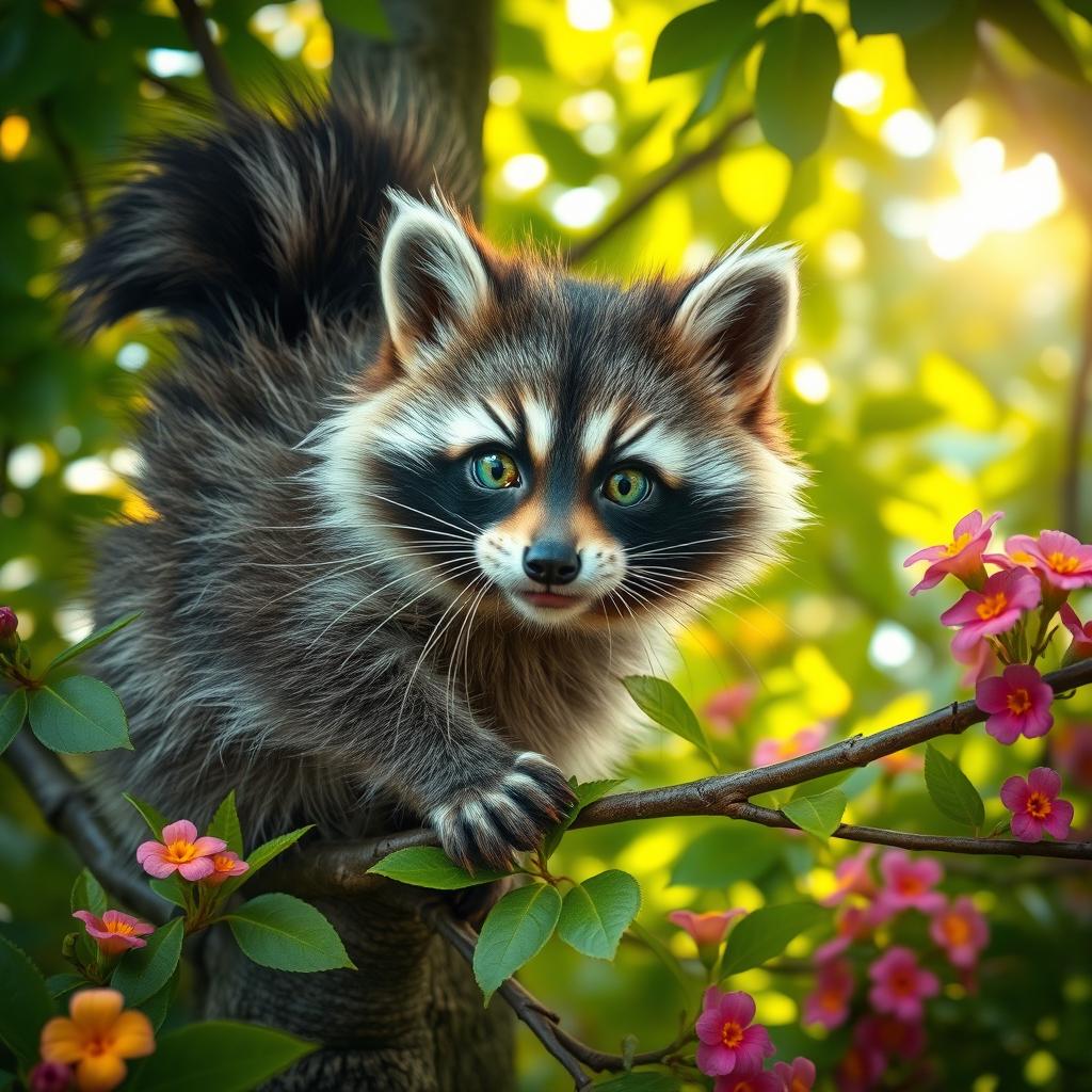 A delightful and quirky raccoon cat hybrid with a fluffy, bushy tail, vivid gray and black fur resembling a raccoon, and bright green eyes filled with mischief