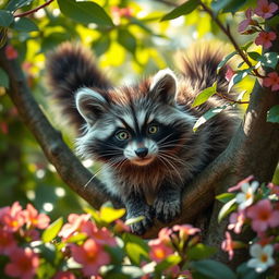 A delightful and quirky raccoon cat hybrid with a fluffy, bushy tail, vivid gray and black fur resembling a raccoon, and bright green eyes filled with mischief