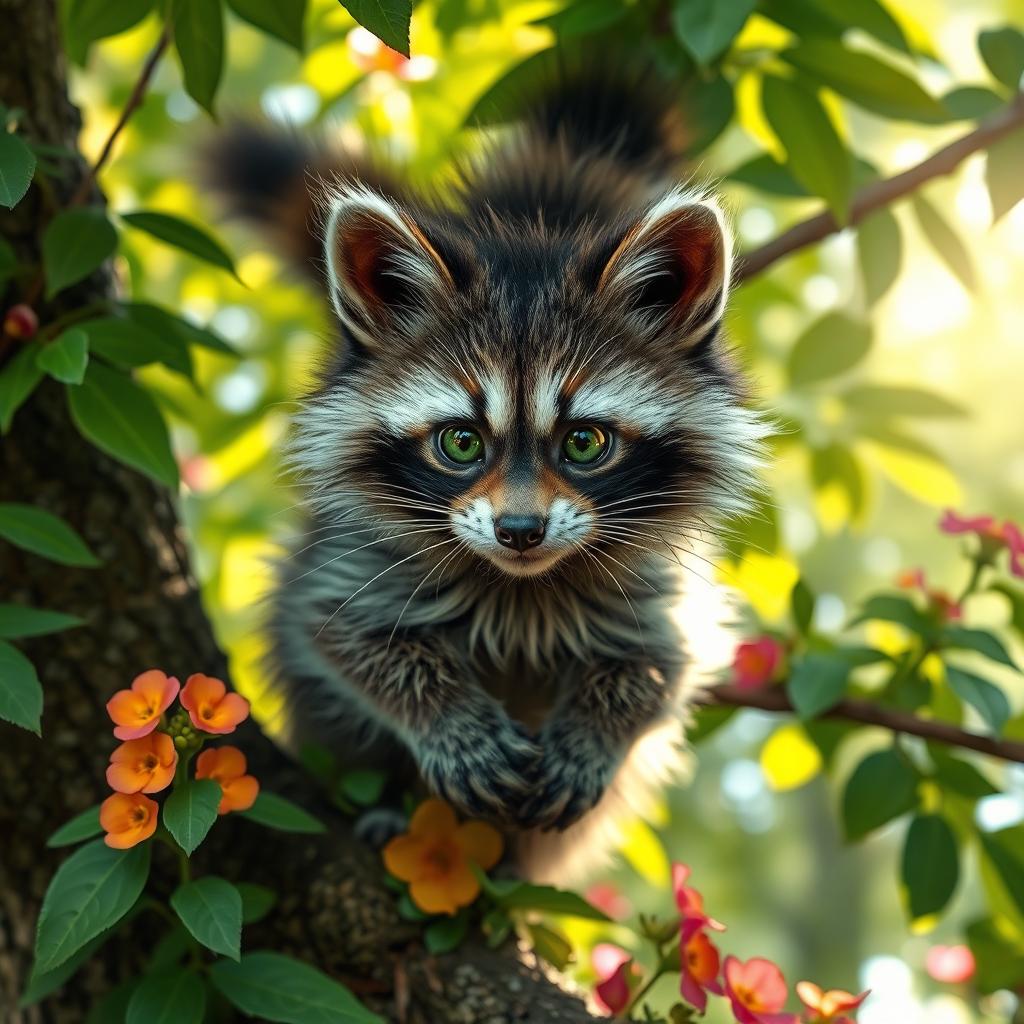 A delightful and quirky raccoon cat hybrid with a fluffy, bushy tail, vivid gray and black fur resembling a raccoon, and bright green eyes filled with mischief