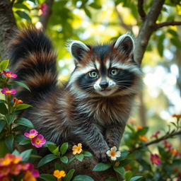 A delightful and quirky raccoon cat hybrid with a fluffy, bushy tail, vivid gray and black fur resembling a raccoon, and bright green eyes filled with mischief