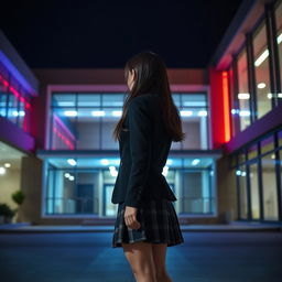 An Asian schoolgirl standing at a distance with her back facing the viewer, positioned in front of a modern school building that boasts sleek architecture and large glass windows