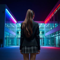 An Asian schoolgirl standing at a distance with her back facing the viewer, positioned in front of a modern school building that boasts sleek architecture and large glass windows