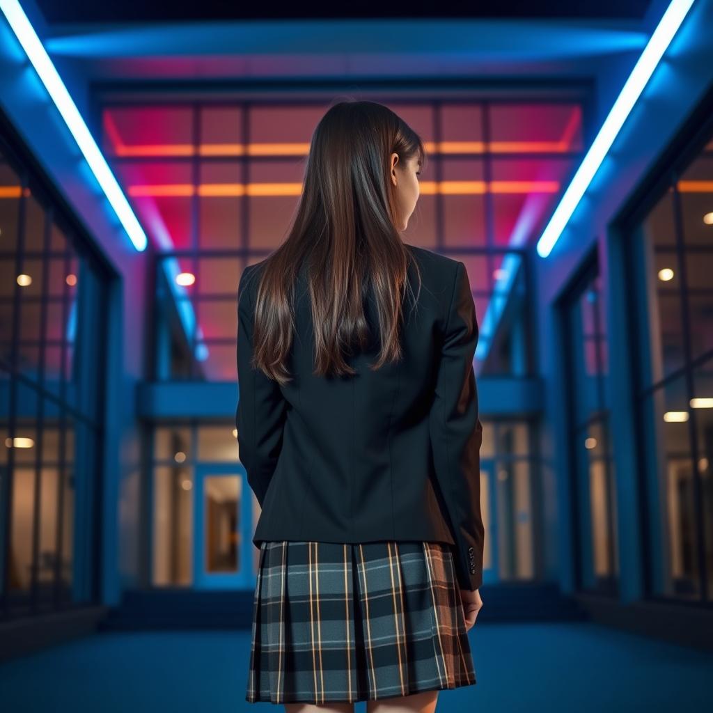 An Asian schoolgirl standing at a distance with her back facing the viewer, positioned in front of a modern school building that boasts sleek architecture and large glass windows