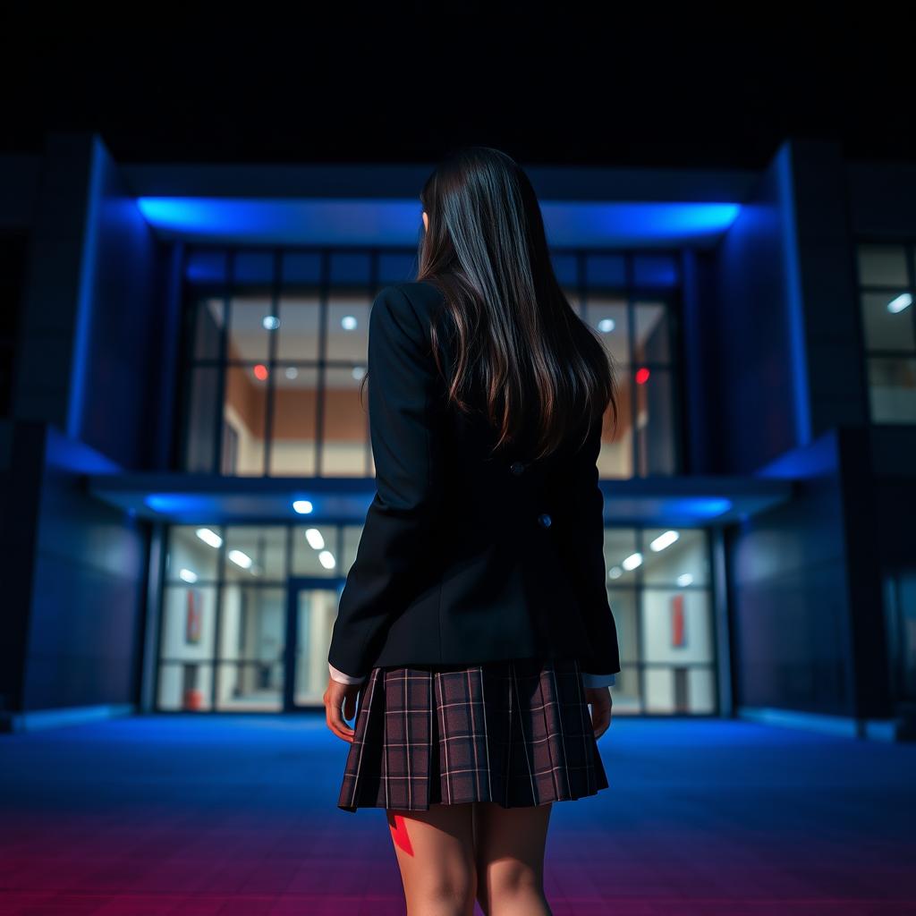 An Asian schoolgirl standing at a distance with her back facing the viewer, positioned in front of a modern school building that boasts sleek architecture and large glass windows