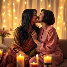 A romantic scene depicting two South Asian women in a cozy, intimate setting, showcasing their love and affection for each other