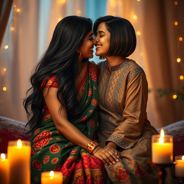 A romantic scene depicting two South Asian women in a cozy, intimate setting, showcasing their love and affection for each other