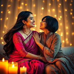 A romantic scene depicting two South Asian women in a cozy, intimate setting, showcasing their love and affection for each other