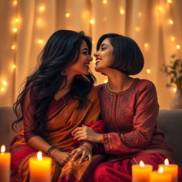 A romantic scene depicting two South Asian women in a cozy, intimate setting, showcasing their love and affection for each other