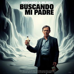 A dramatic movie poster featuring a father standing confidently, holding a bottle of milk in one hand and a pack of cigarettes in the other