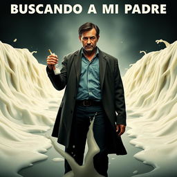 A dramatic movie poster featuring a father standing confidently, holding a bottle of milk in one hand and a pack of cigarettes in the other