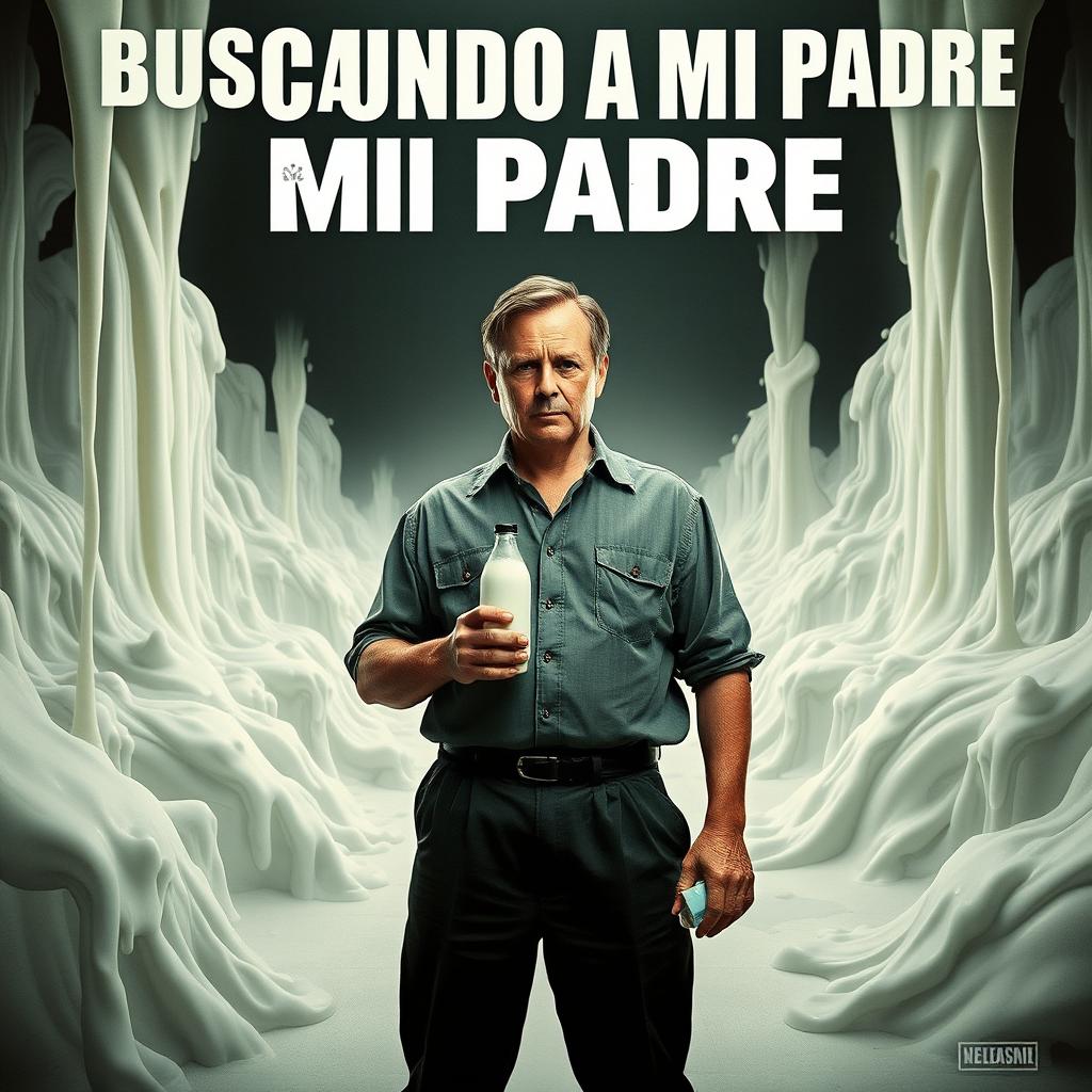 A dramatic movie poster featuring a father standing confidently, holding a bottle of milk in one hand and a pack of cigarettes in the other