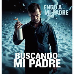 A dramatic movie poster featuring a father holding a bottle of milk in one hand and a pack of cigarettes in the other