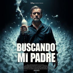 A dramatic movie poster featuring a father holding a bottle of milk in one hand and a pack of cigarettes in the other