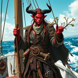 A fierce tiefling pirate with vibrant red skin and dark horns, standing confidently on the deck of a white-washed ship