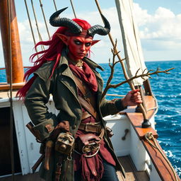 A fierce tiefling pirate with vibrant red skin and dark horns, standing confidently on the deck of a white-washed ship