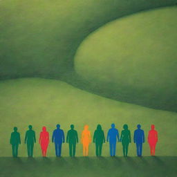 A high-definition, bright, modern image emphasizing unity in diversity. Depict abstract, back-turned human figures united in environmental actions against an intensely vibrant, green landscape. Strongly emphasize nature to reflect the collective responsibility and the profound impact of these united efforts for a sustainable future.