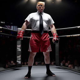 Re-imagine the earlier image of Donald Trump in a UFC debut with him specifically wearing Venum fighting shorts while standing assertively in the octagon.