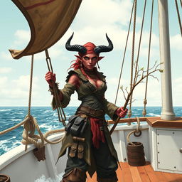 A fierce tiefling pirate with vibrant red skin and dark horns, standing confidently on the deck of a white-washed ship