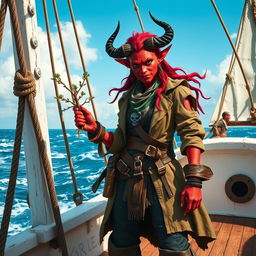 A fierce tiefling pirate with vibrant red skin and dark horns, standing confidently on the deck of a white-washed ship