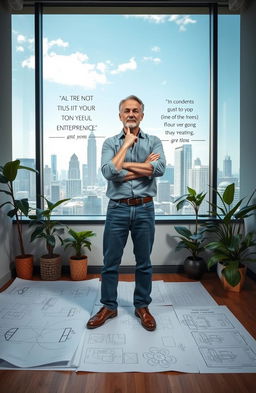 An inspiring scene depicting a daring entrepreneur standing proudly in a modern office space, surrounded by blueprints and sketches of innovative designs