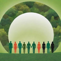 A high-definition, bright, modern image emphasizing unity in diversity. Depict abstract, back-turned human figures united in environmental actions against an intensely vibrant, green landscape. Strongly emphasize nature to reflect the collective responsibility and the profound impact of these united efforts for a sustainable future.