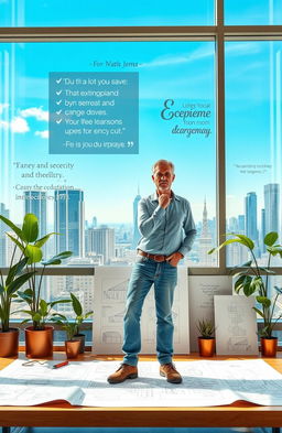 An inspiring scene depicting a daring entrepreneur standing proudly in a modern office space, surrounded by blueprints and sketches of innovative designs