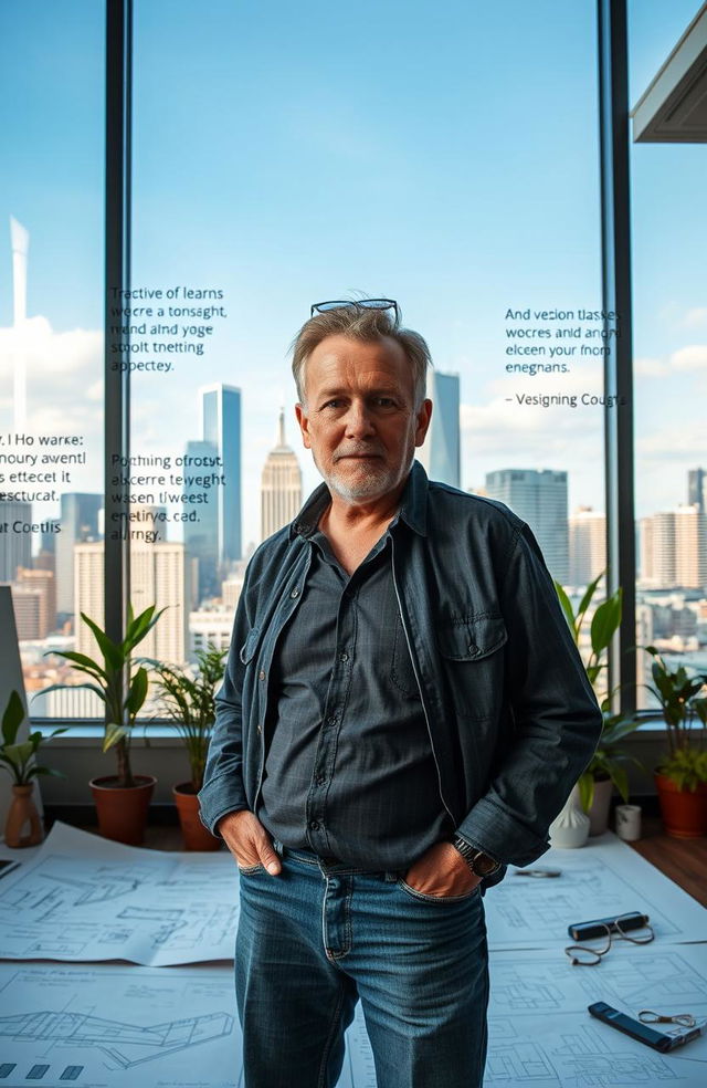 An inspiring scene depicting a daring entrepreneur standing proudly in a modern office space, surrounded by blueprints and sketches of innovative designs