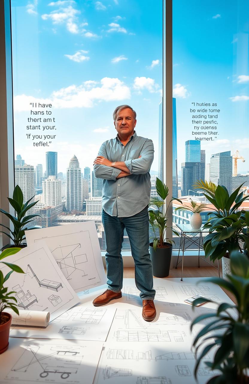 An inspiring scene depicting a daring entrepreneur standing proudly in a modern office space, surrounded by blueprints and sketches of innovative designs