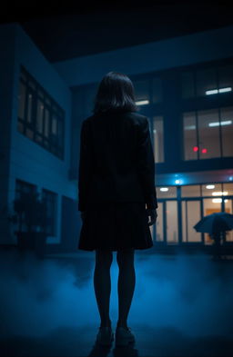 An Asian schoolgirl standing in front of a modern school, viewed from a distance