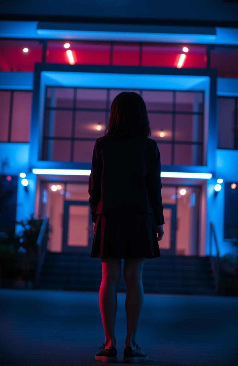 An Asian schoolgirl standing in front of a modern school, viewed from a distance