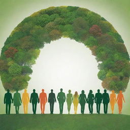 A high-definition, bright, modern image emphasizing unity in diversity. Depict abstract, back-turned human figures united in environmental actions against an intensely vibrant, green landscape. Strongly emphasize nature to reflect the collective responsibility and the profound impact of these united efforts for a sustainable future.