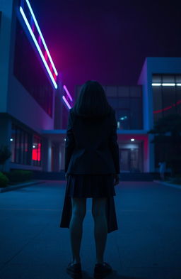 An Asian schoolgirl standing in front of a modern school, viewed from a distance