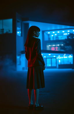 An Asian schoolgirl standing in front of a modern school, viewed from a distance