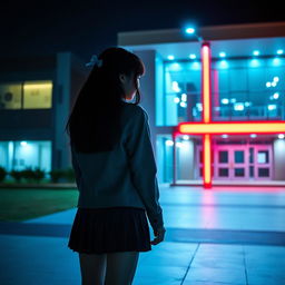 An Asian schoolgirl standing in front of a modern school, viewed from a distance