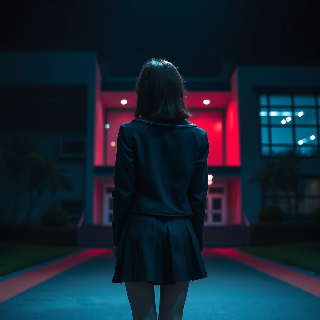 An Asian schoolgirl standing in front of a modern school, viewed from a distance