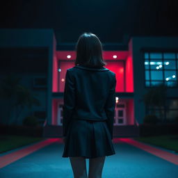 An Asian schoolgirl standing in front of a modern school, viewed from a distance