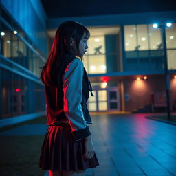 An Asian schoolgirl standing in front of a modern school, viewed from a distance