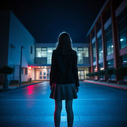 An Asian schoolgirl standing in front of a modern school, viewed from a distance