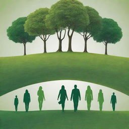 A high-definition, bright, modern image emphasizing unity in diversity. Depict abstract, back-turned human figures united in environmental actions against an intensely vibrant, green landscape. Strongly emphasize nature to reflect the collective responsibility and the profound impact of these united efforts for a sustainable future.