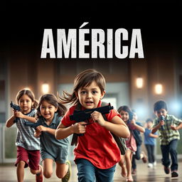 A dramatic movie poster featuring several young children running away from a school shooting scene, depicting a sense of urgency and fear