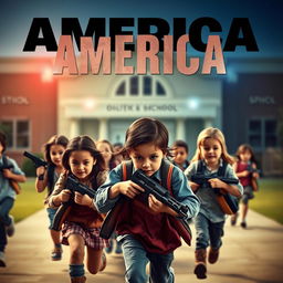 A dramatic movie poster featuring several young children running away from a school shooting scene, depicting a sense of urgency and fear