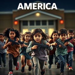 A dramatic movie poster featuring several young children running away from a school shooting scene, depicting a sense of urgency and fear